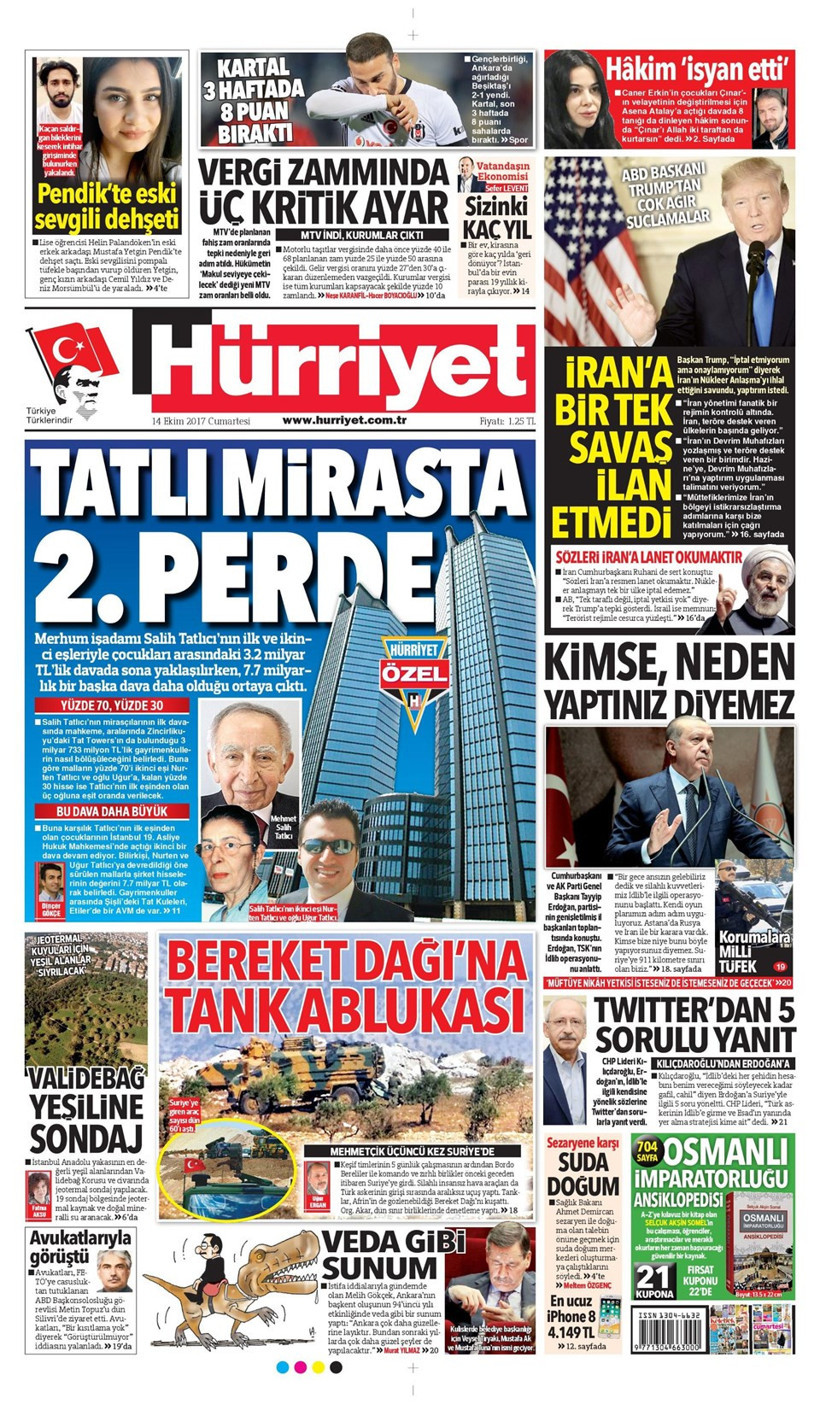 Gazete manşetleri Sözcü - Fanatik - Hürriyet 14 Ekim 2017 - Resim: 1