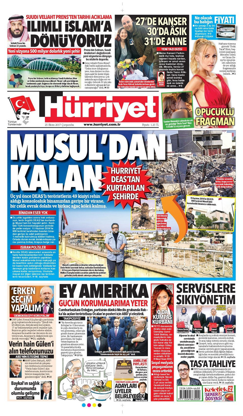 Gazete manşetleri Hürriyet - Sözcü - Milliyet 25 Ekim 2017 - Resim: 1