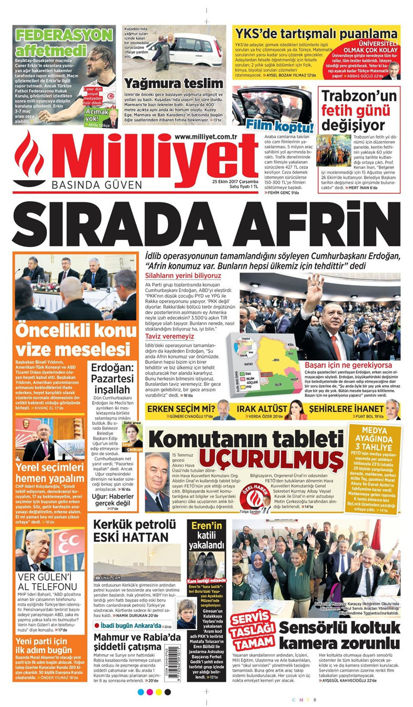 Gazete manşetleri Hürriyet - Sözcü - Milliyet 25 Ekim 2017 - Resim: 3