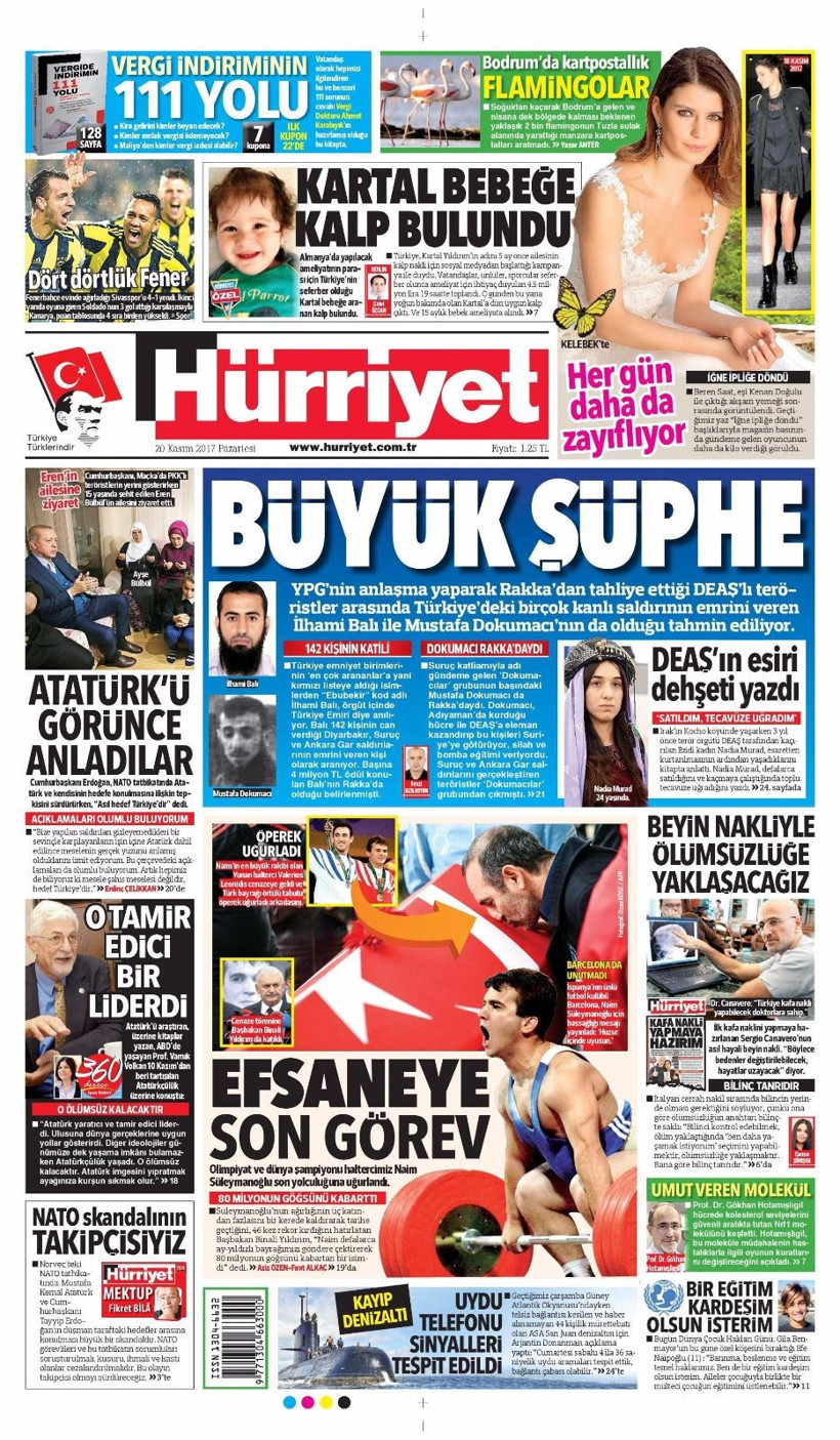 Gazete manşetleri Hürriyet - Sözcü - Fanatik 20 Kasım 2017 - Resim: 1