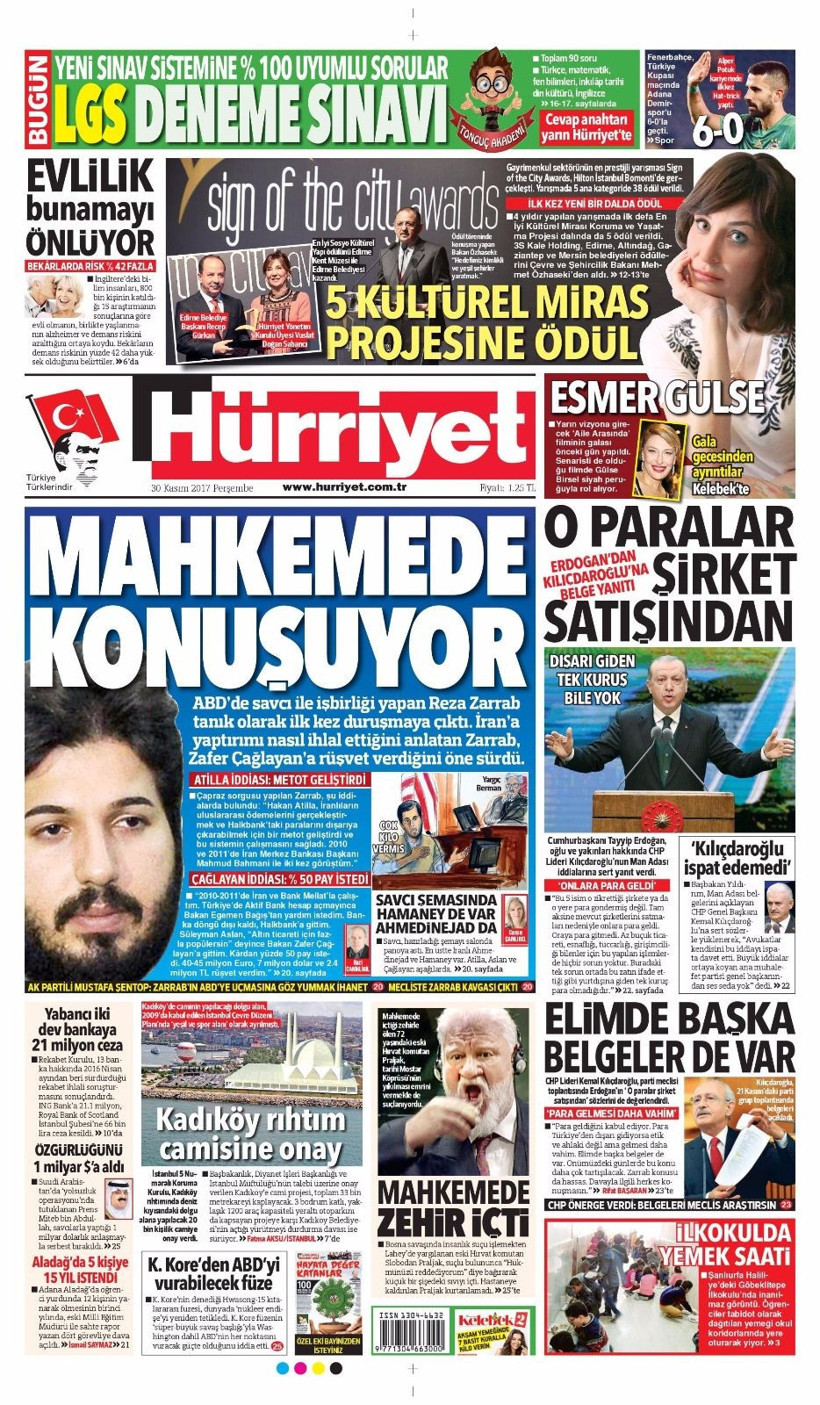 Gazete manşetleri Hürriyet - Milliyet - Sözcü 30 Kasım 2017 - Resim: 1