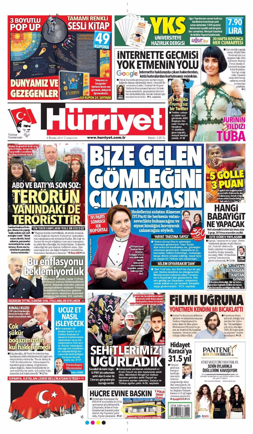 Gazete manşetleri Sözcü - Fanatik - Hürriyet 4 Kasım 2017 - Resim: 1