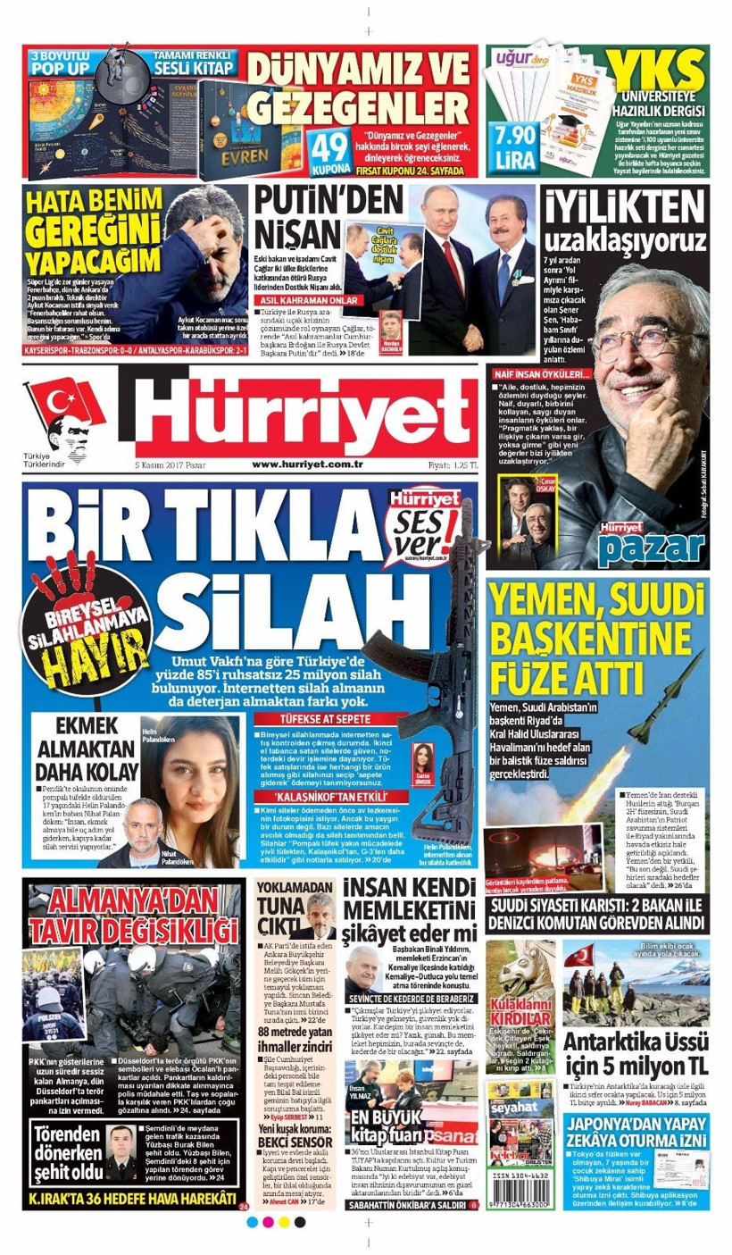 Gazete manşetleri Sözcü - Fanatik - Hürriyet 5 Kasım 2017 - Resim: 1