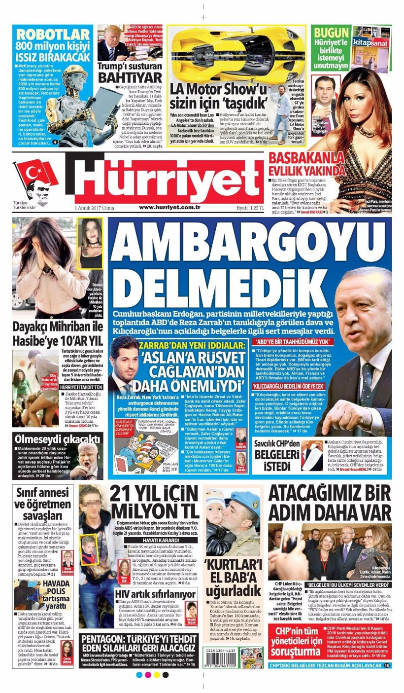 Gazete manşetleri Hürriyet - Sözcü - Habertürk 1 Aralık 2017 - Resim: 1