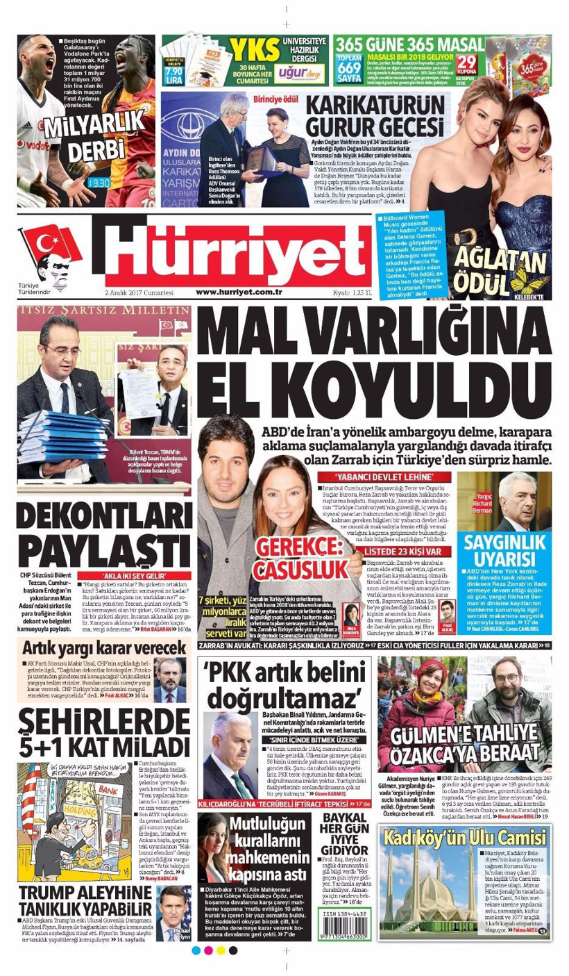 Gazete manşetleri Hürriyet - Sözcü - Habertürk 2 Aralık 2017 - Resim: 1