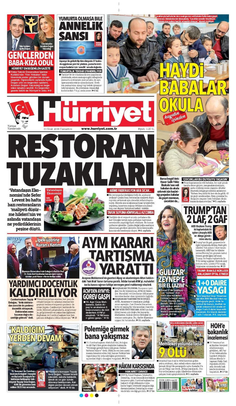 Gazete manşetleri Hürriyet - Sözcü - Fanatik 13 Ocak 2018 - Resim: 1