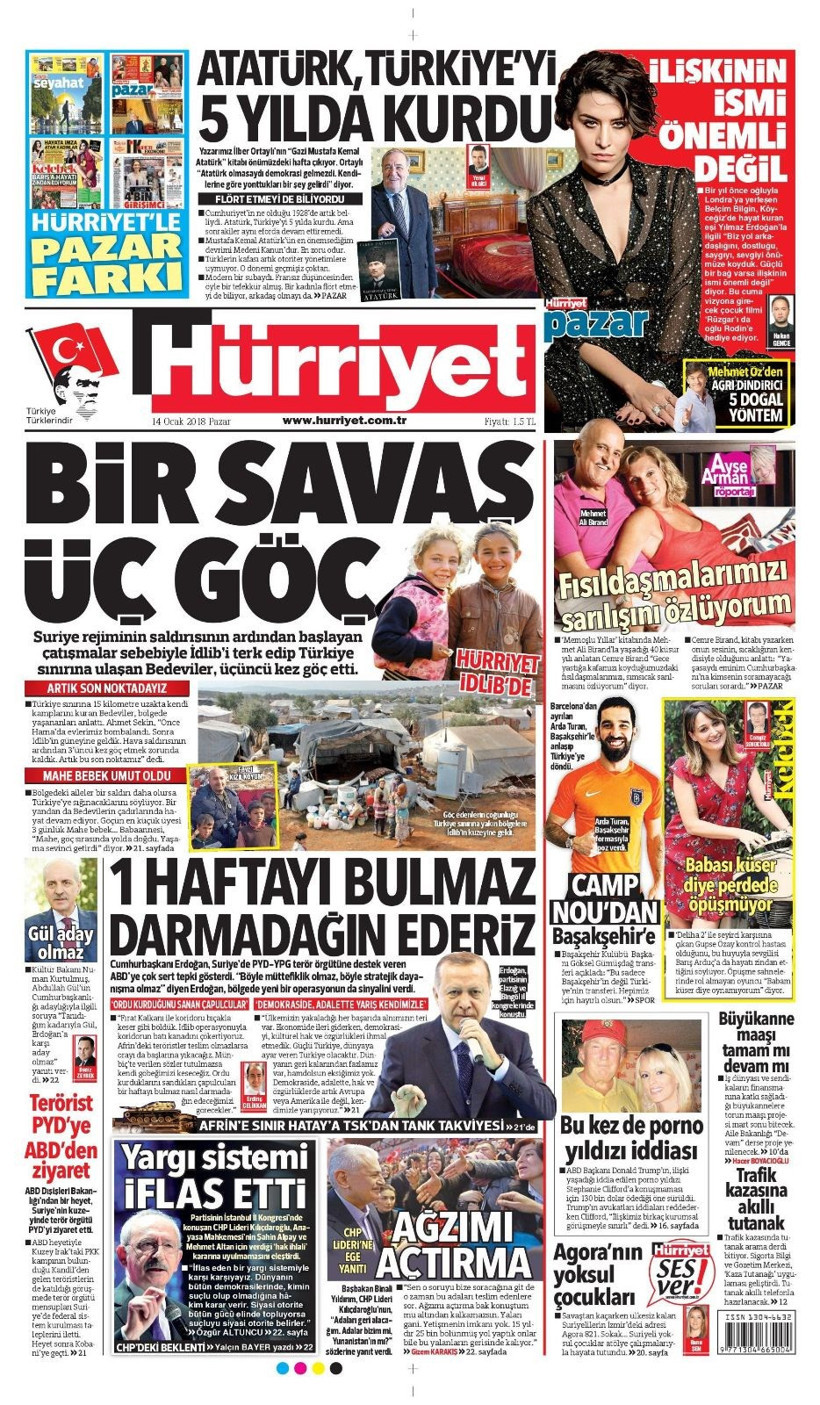 Gazete manşetleri Hürriyet - Sözcü - Fanatik 14 Ocak 2018 - Resim: 2