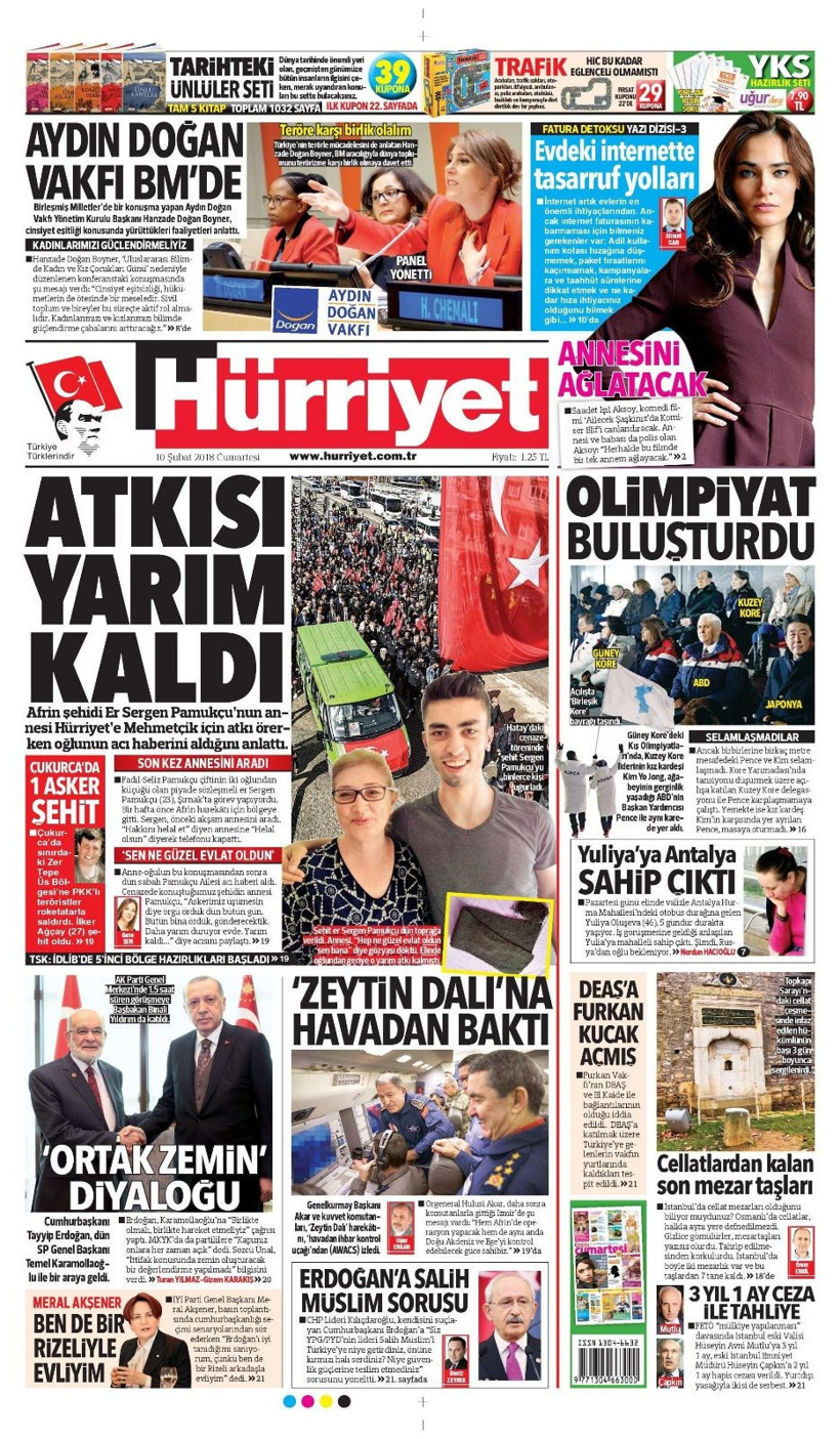 Gazete manşetleri 10 Şubat 2018 Sabah - Hürriyet - Sözcü - Fanatik - Resim: 2
