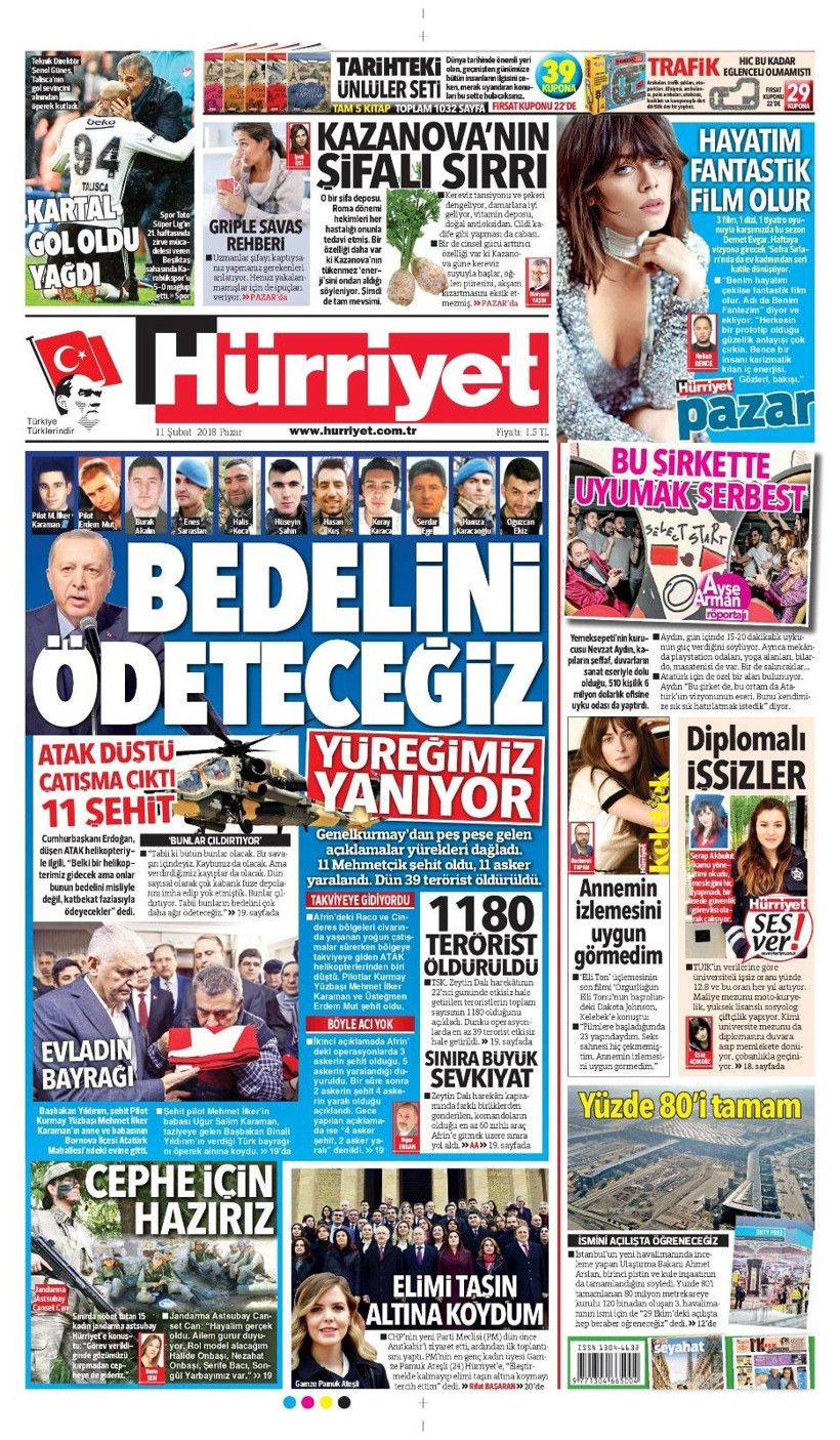 Gazete manşetleri 11 Şubat 2018 Hürriyet - Sözcü - Fanatik - Resim: 1