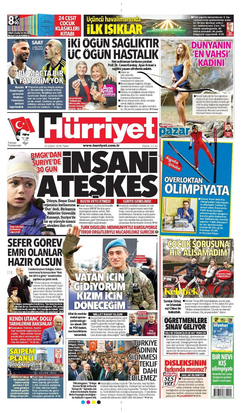 Gazete manşetleri 25 Şubat 2018 Hürriyet - Sözcü - Posta - Resim: 2