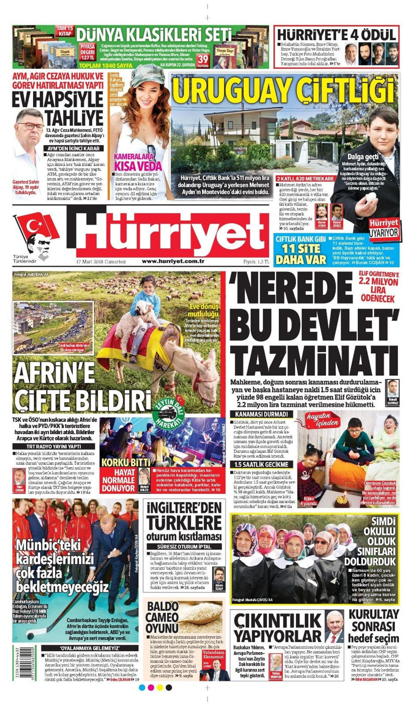 17 Mart 2018 Cumartesi gazete manşetlerinde neler var - Resim: 1