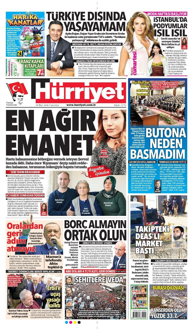 Gazete manşetleri 24 Mart 2018 Hürriyet - Sözcü - Posta - Resim: 2