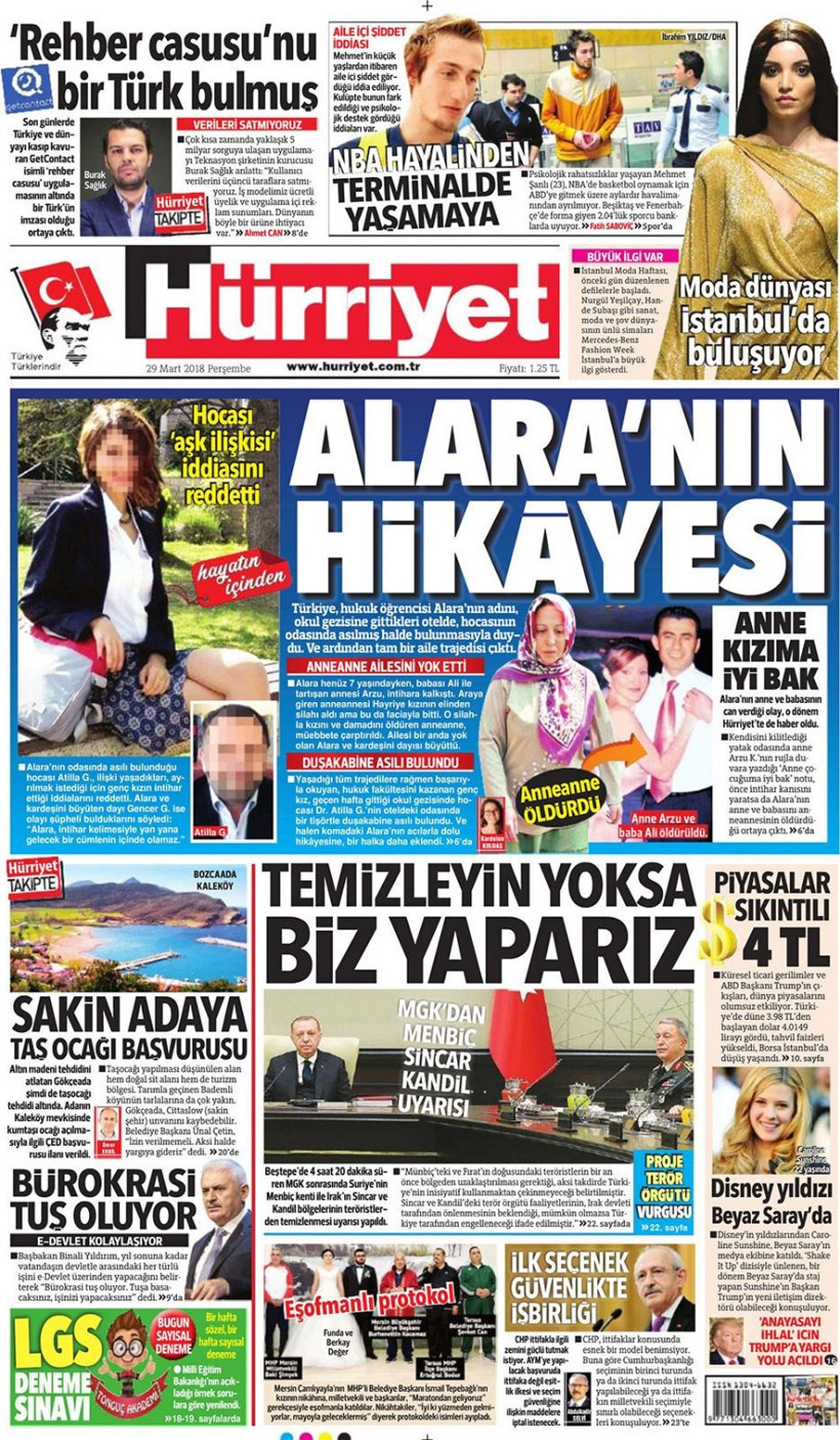 Gazete manşetleri 29 Mart 2018 Hürriyet - Sözcü - Posta - Resim: 2