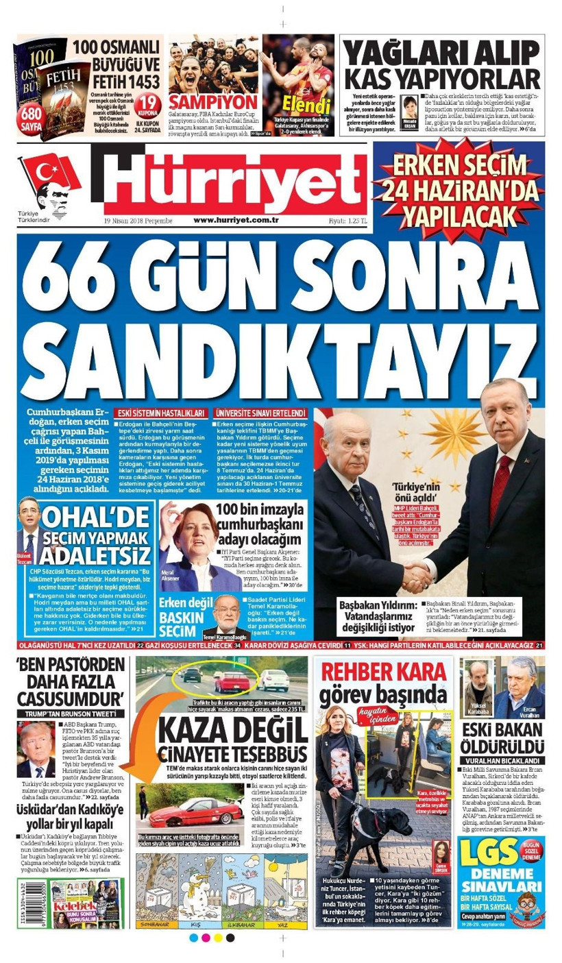 Gazete manşetleri 19 Nisan 2018 Hürriyet - Sözcü - Habertürk - Resim: 2