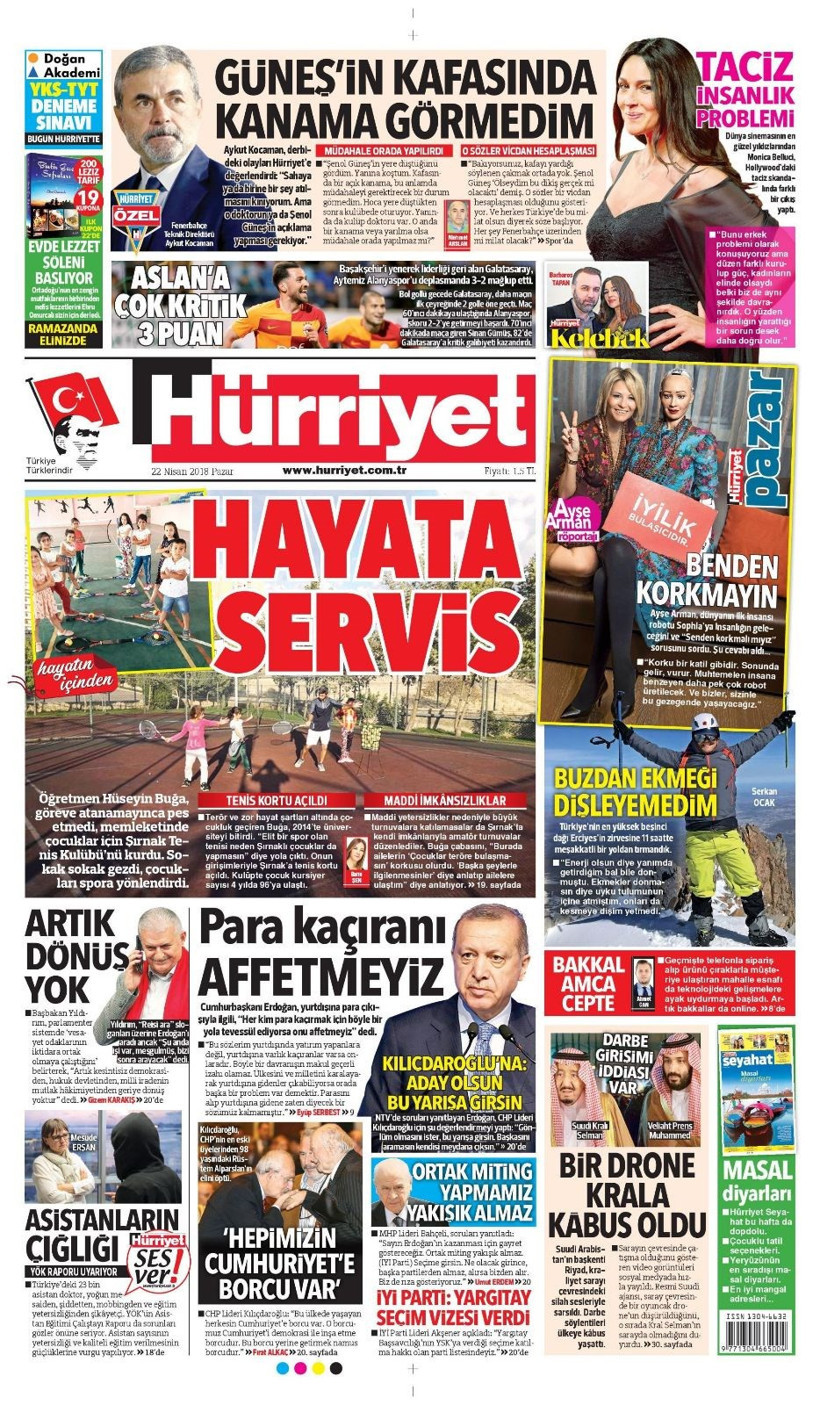 Gazete manşetleri 22 Nisan 2018 Hürriyet - Sözcü - Fanatik - Resim: 1
