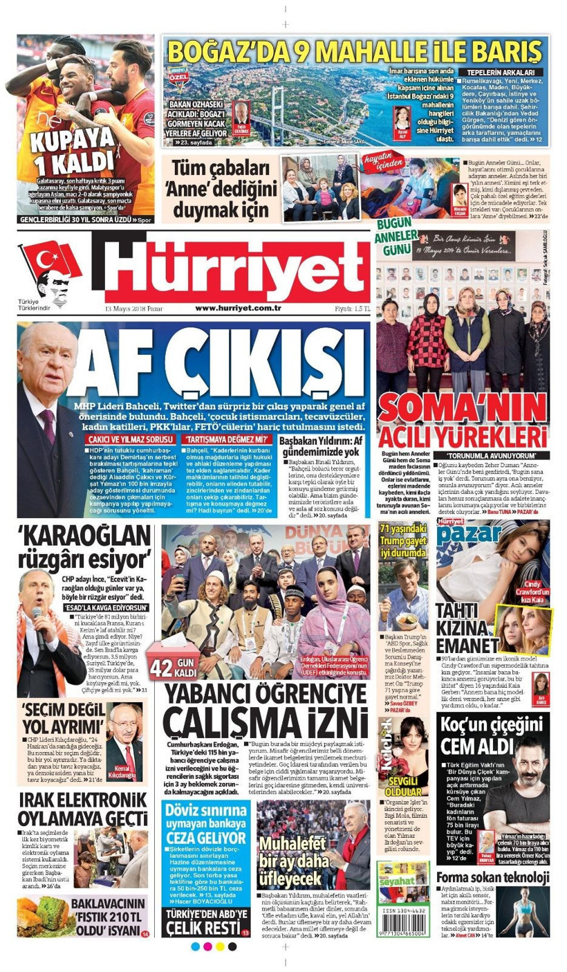 Gazete manşetleri 12 Mayıs 2018 Hürriyet - Sözcü - Fanatik - Resim: 1