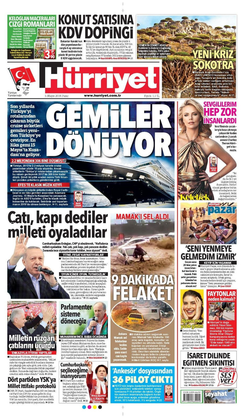 Gazete manşetleri 6 Mayıs 2018 Hürriyet - Sözcü - Fanatik - Resim: 1