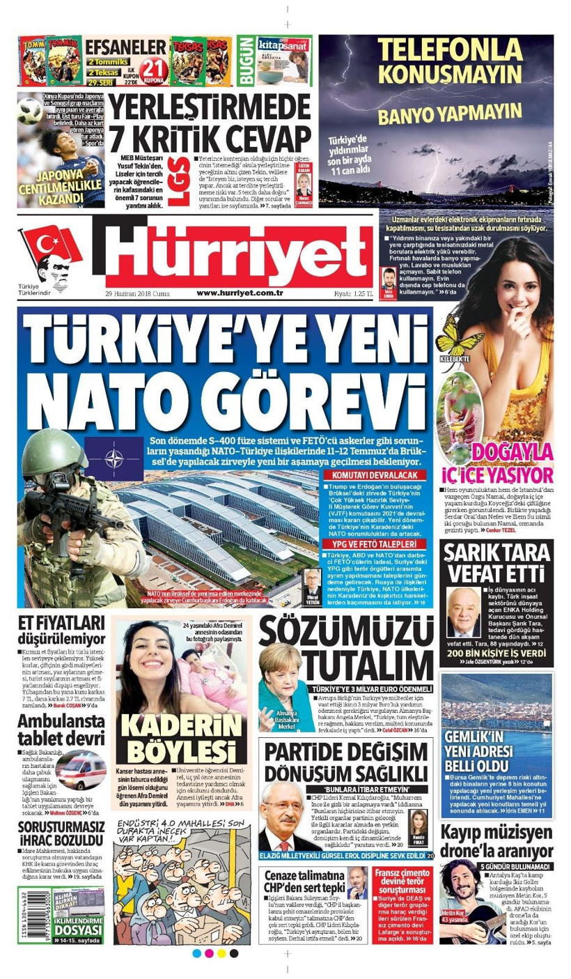 Gazete manşetleri 29 Haziran 2018 Hürriyet - Sözcü - Habertürk - Resim: 1