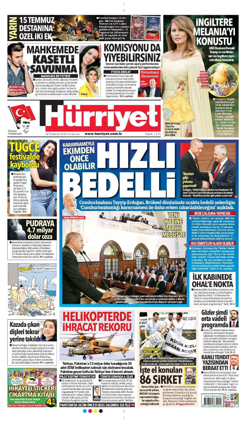 Gazete manşetleri 14 Temmuz 2018 Hürriyet - Sözcü - Posta - Resim: 1