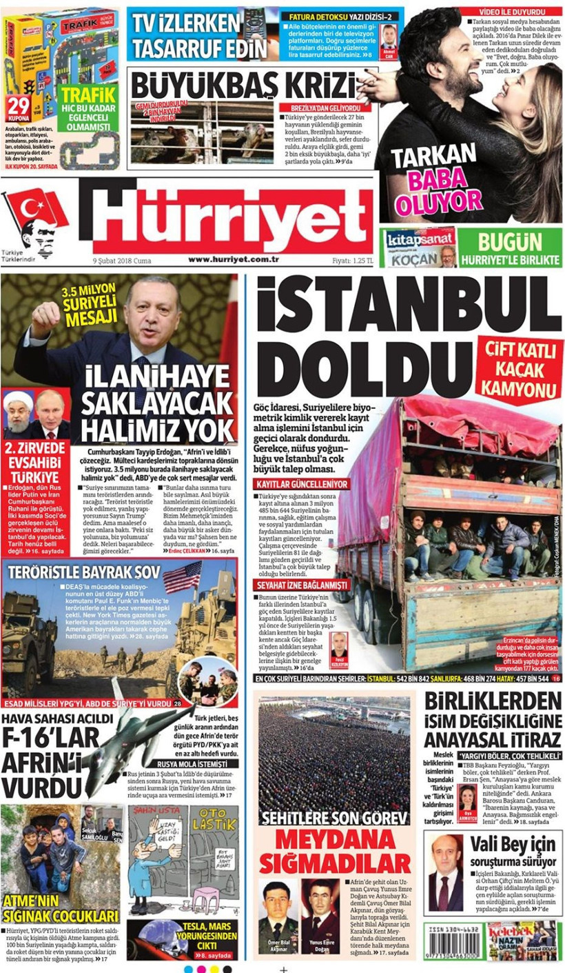 Gazete manşetleri 9 Şubat 2018 Hürriyet - Sözcü - Fanatik - Resim: 1