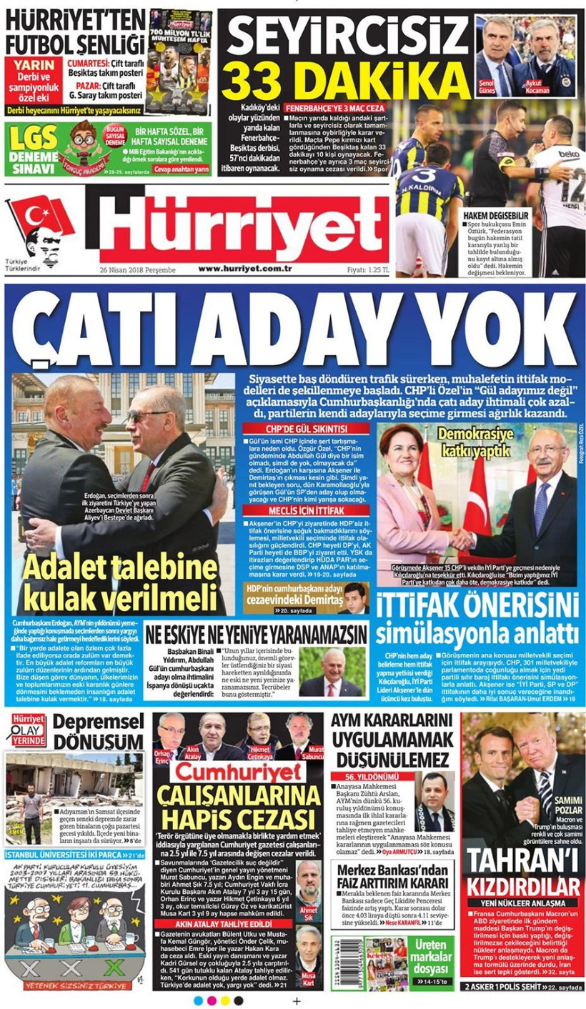 Gazete manşetleri 25 Nisan 2018 Hürriyet - Sözcü - Fanatik - Resim: 3
