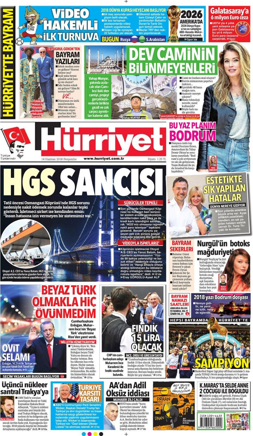 Gazete manşetleri 14 Haziran 2018 Hürriyet - Sözcü - Habertürk - Resim: 1