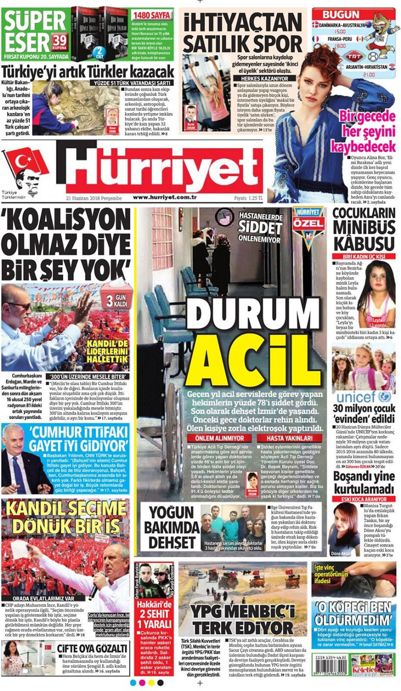 Gazete manşetleri 21 Haziran 2018 Hürriyet - Sözcü - Sabah - Resim: 1