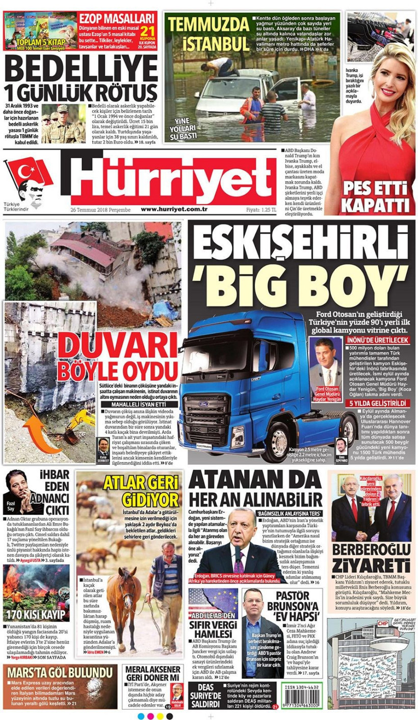 Gazete manşetleri 26 Temmuz 2018 Hürriyet - Posta - Sabah - Resim: 1