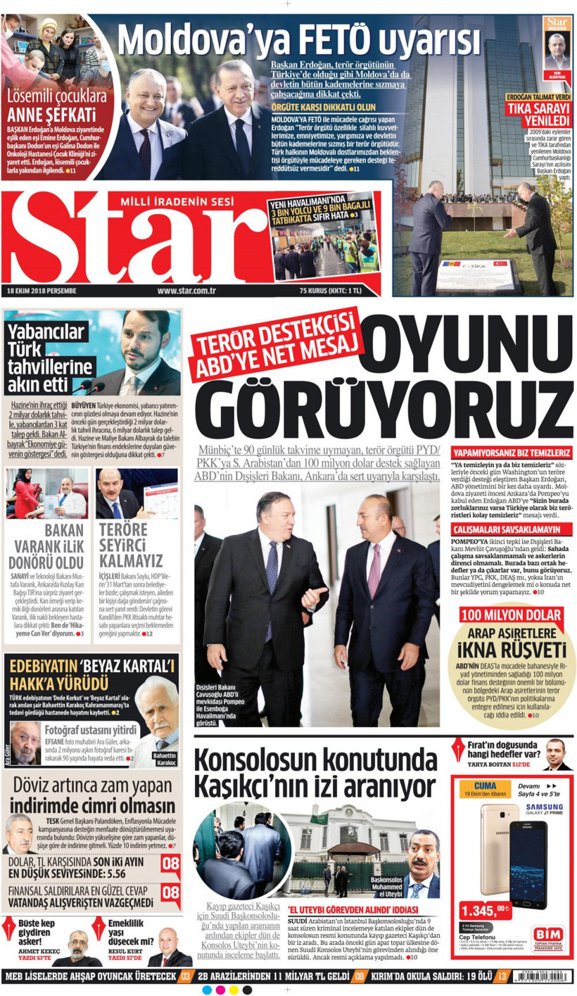 Gazete manşetleri 18 Ekim 2018 Sözcü - Milliyet - Posta - Hürriyet - Resim: 2