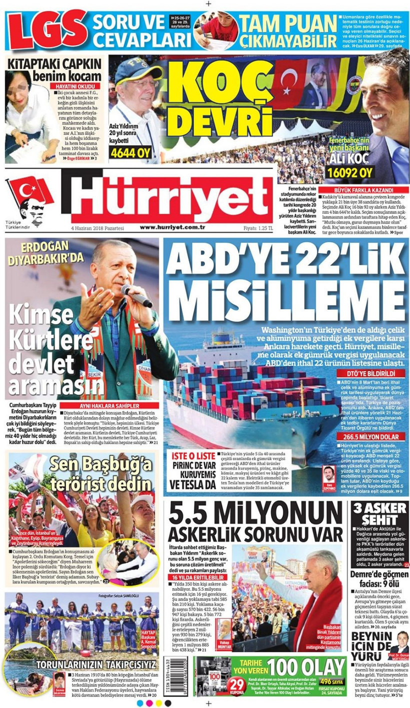Gazete manşetleri 4 Haziran 2018 Hürriyet - Sözcü - Fanatik - Resim: 3