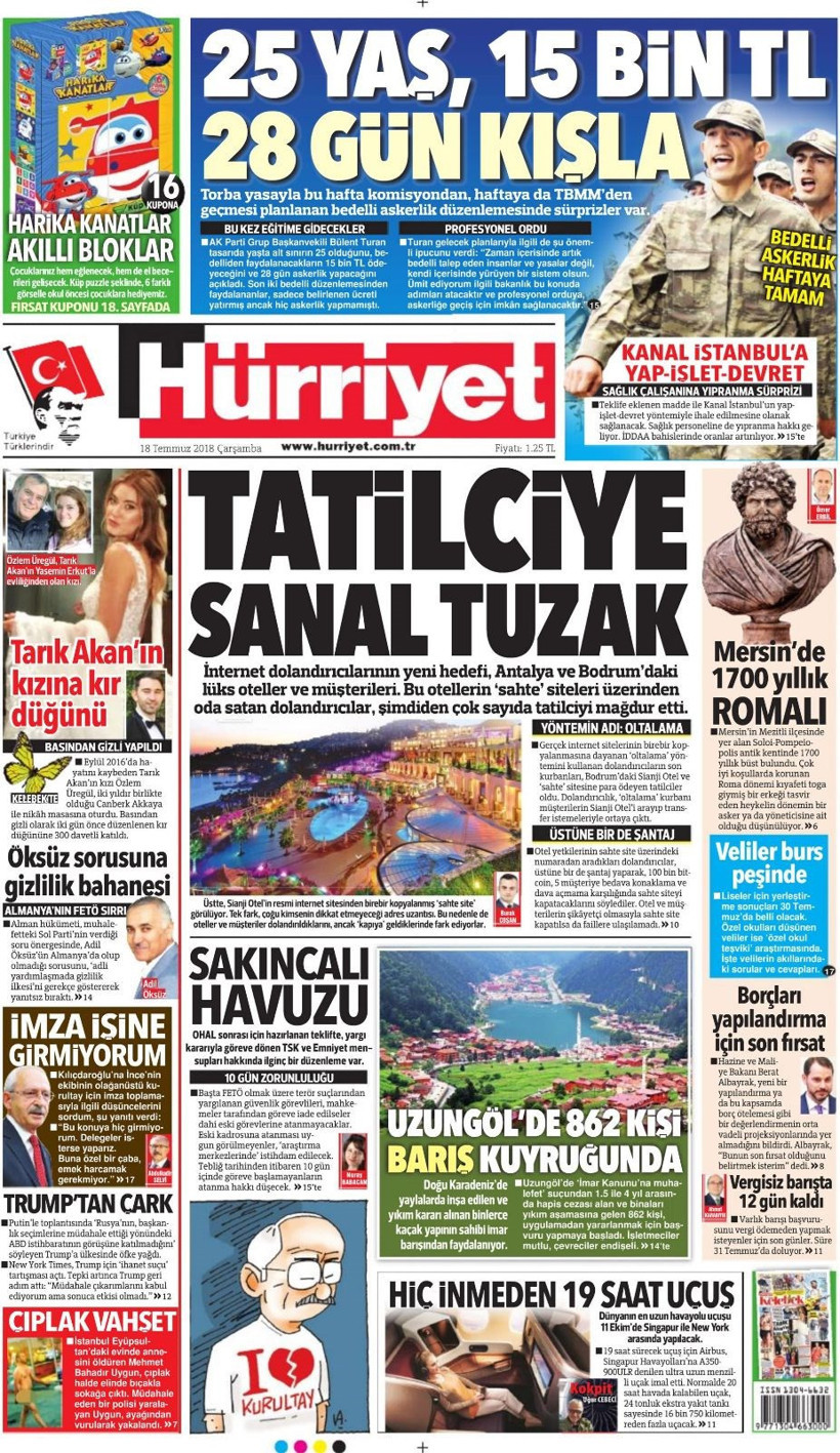 Gazete manşetleri 18 Temmuz 2018 Hürriyet - Posta - Sabah - Resim: 1