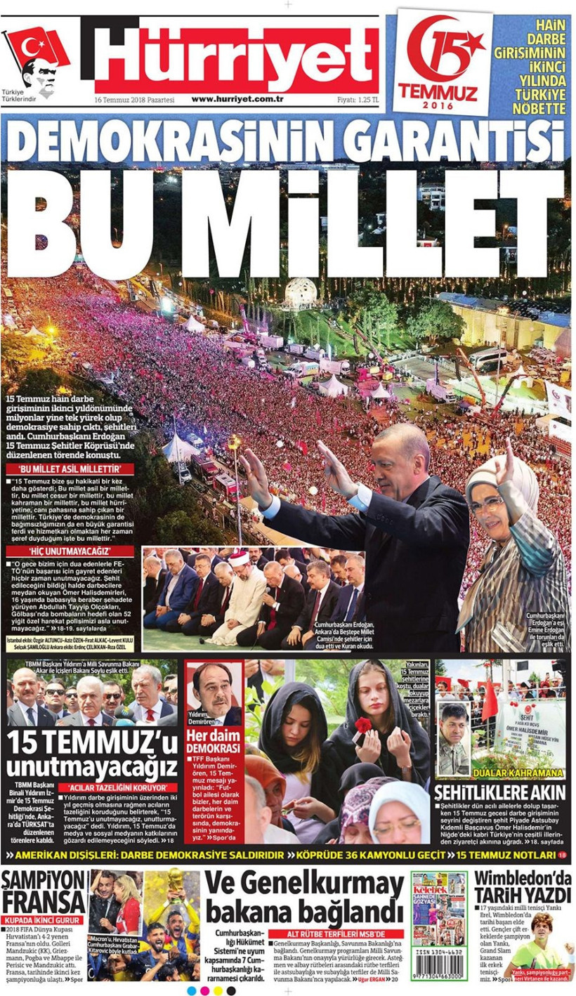 Gazete manşetleri 16 Temmuz 2018 Hürriyet - Sözcü - Sabah - Resim: 2
