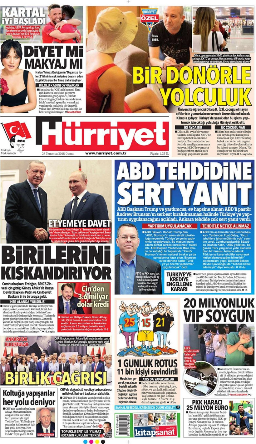 Gazete manşetleri 27 Temmuz 2018 Hürriyet - Posta - Sabah - Resim: 1