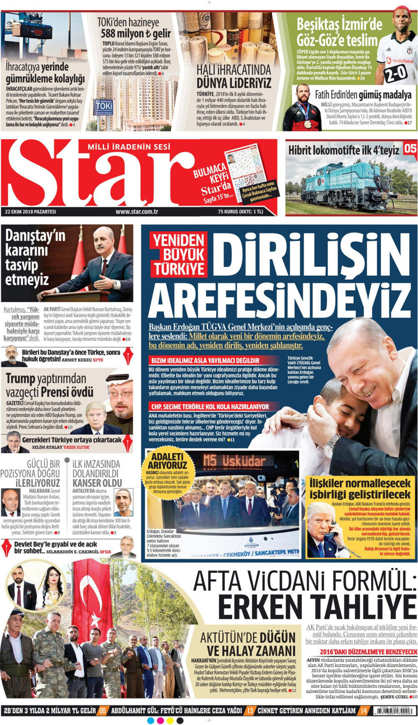 Gazete manşetleri 22 Ekim 2018 Hürriyet - Sözcü - Posta - Milliyet - Resim: 2