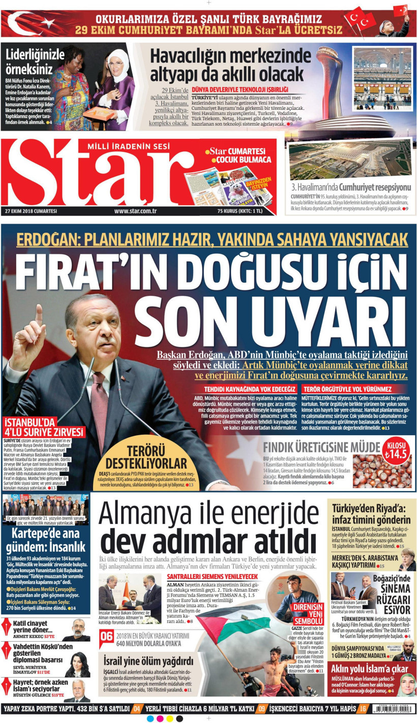 Gazete manşetleri 27 Ekim 2018 Sözcü - Hürriyet - Posta - Milliyet - Resim: 2