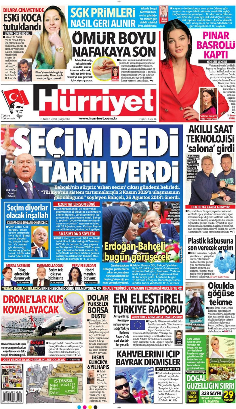 Gazete manşetleri 18 Nisan 2018 Hürriyet - Sözcü - Posta - Resim: 1