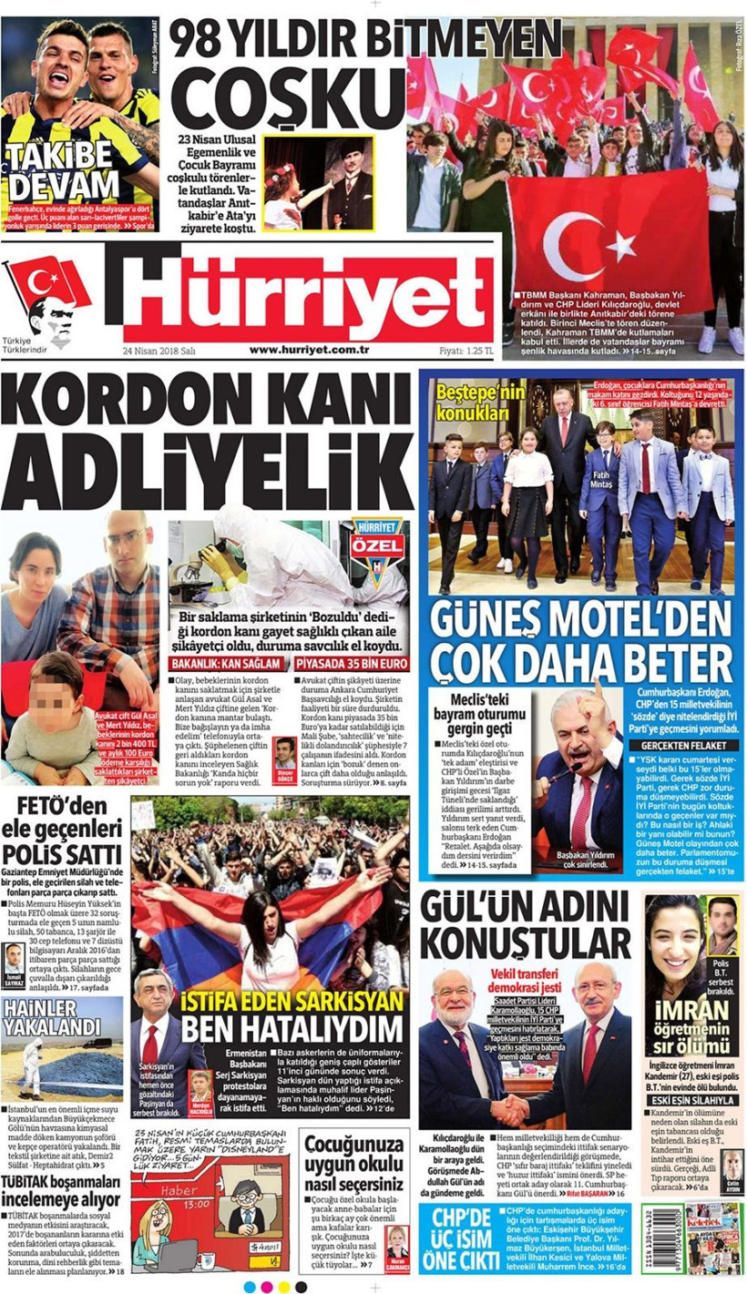 Gazete manşetleri 24 Nisan 2018 Hürriyet - Sözcü - Habertürk - Resim: 1