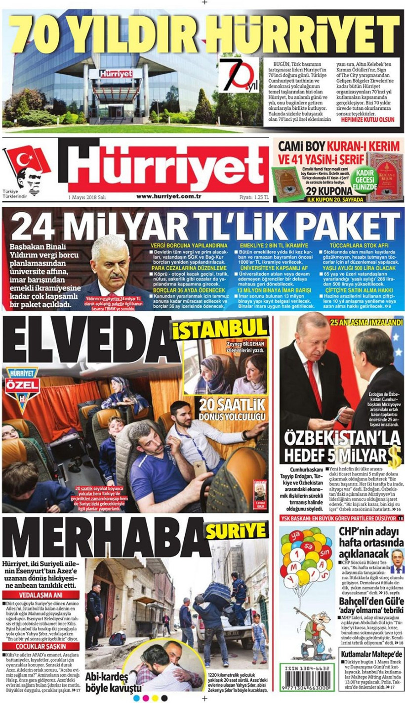 Gazete manşetleri 1 Mayıs 2018 Hürriyet - Sözcü - Posta - Resim: 3