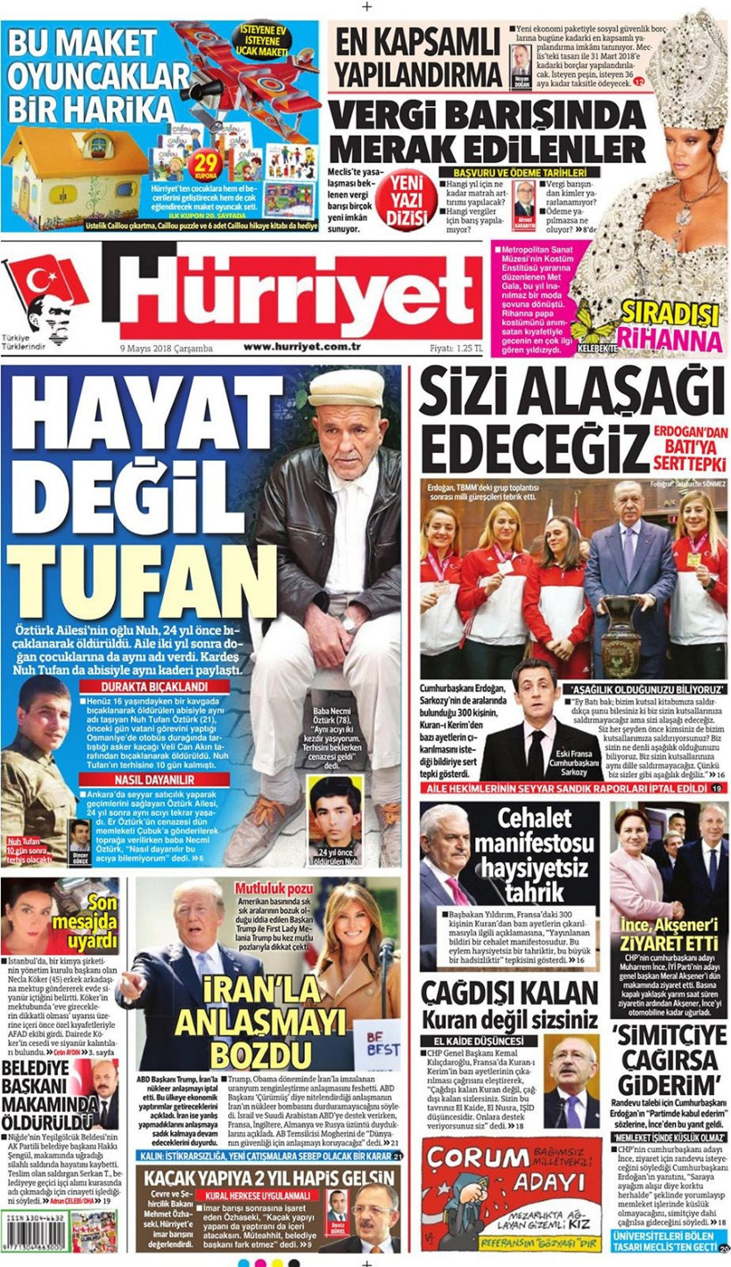 Gazete manşetleri 9 Mayıs 2018 Hürriyet - Sözcü - Habertürk - Resim: 1