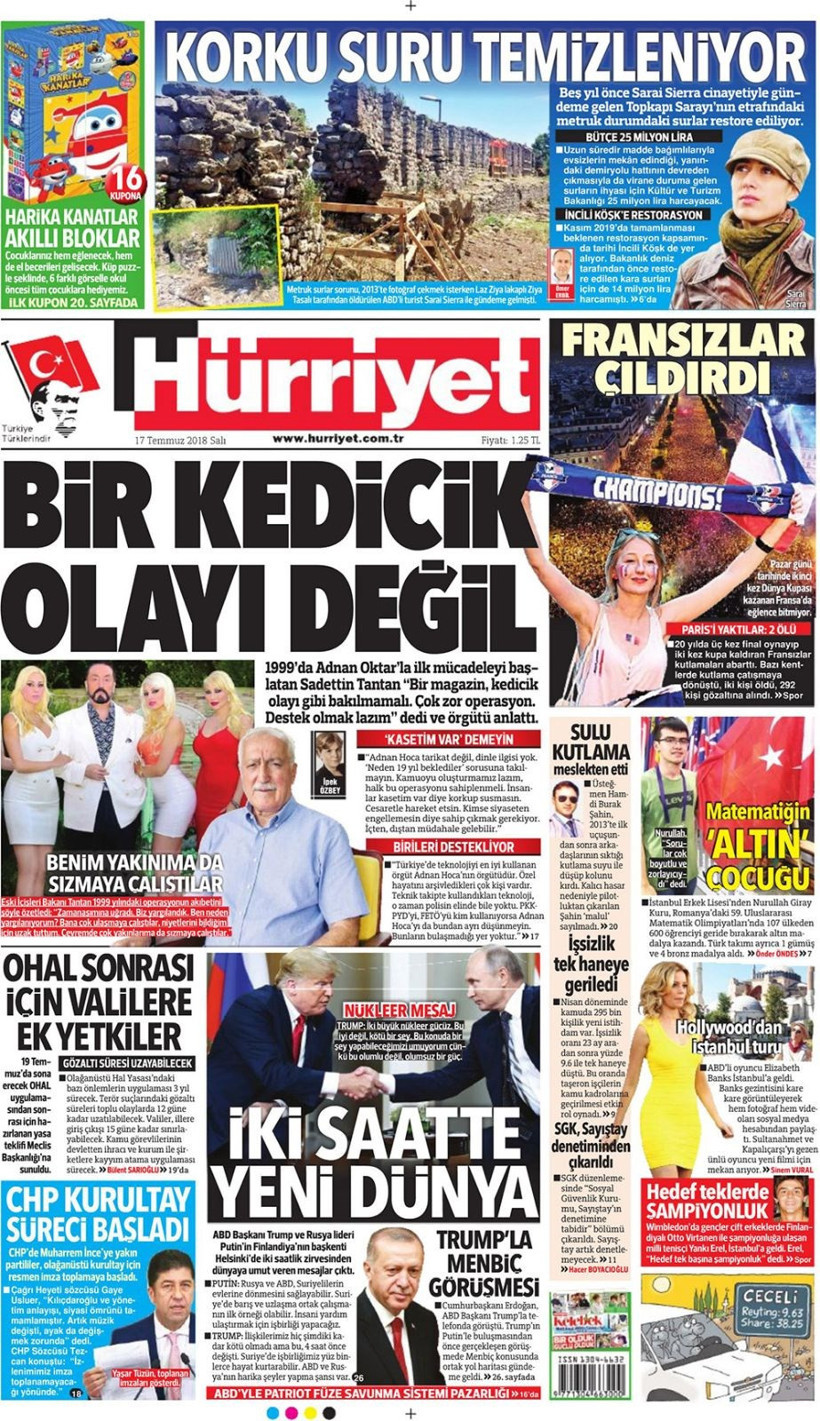 Gazete manşetleri 17 Temmuz 2018 Hürriyet - Sözcü - Sabah - Resim: 1