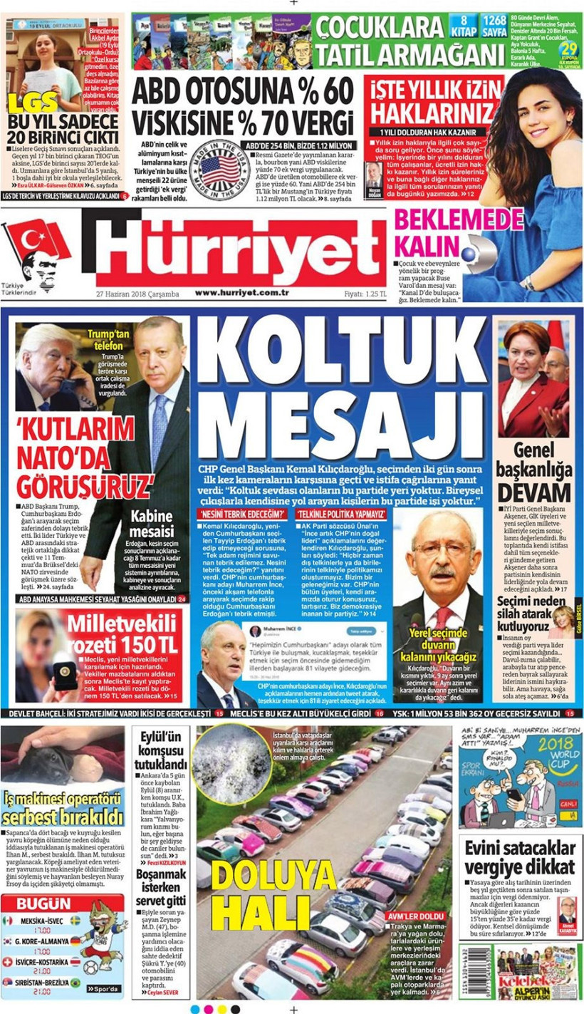 Gazete manşetleri 27 Haziran 2018 Hürriyet - Sözcü - Habertürk - Resim: 3