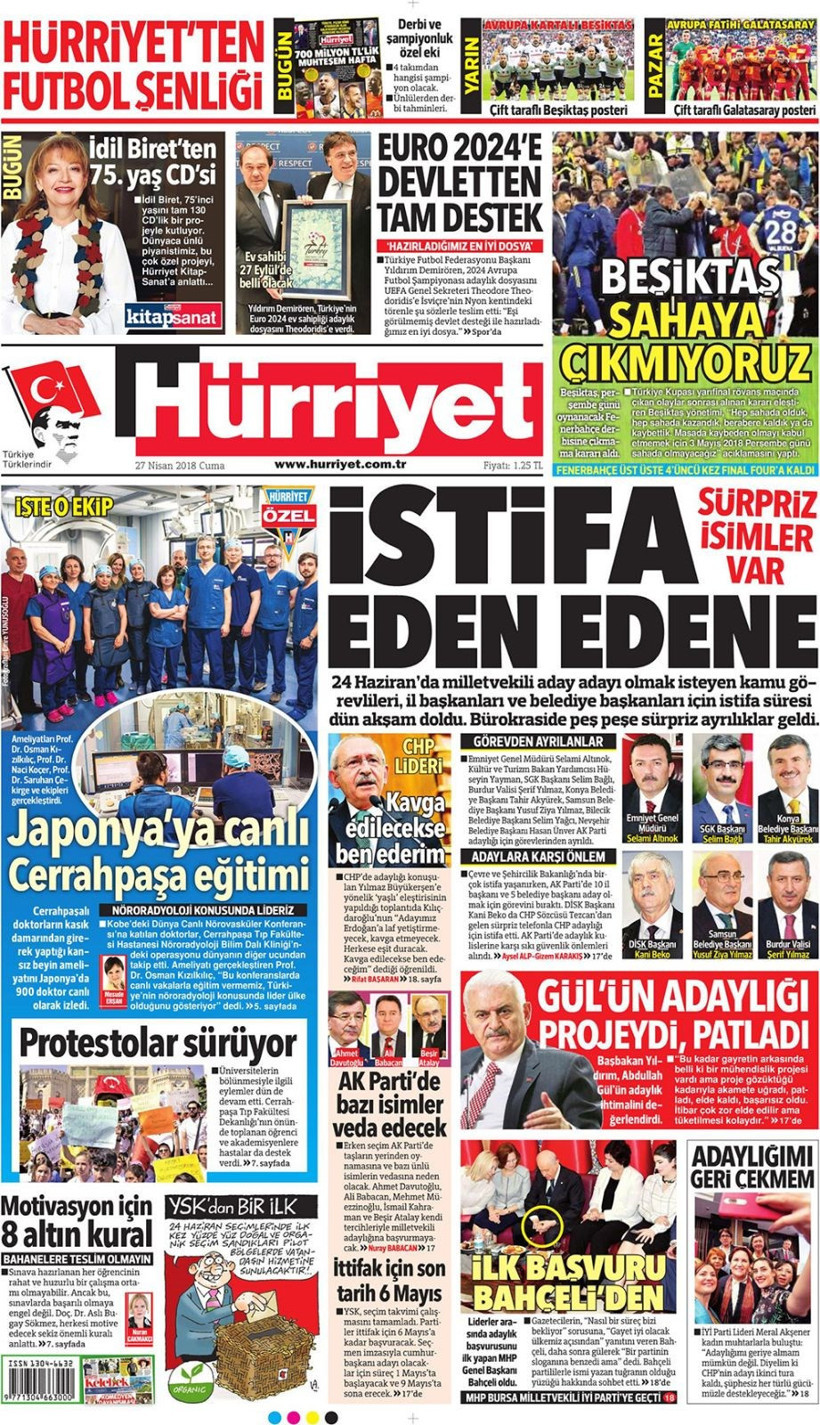 Gazete manşetleri 27 Nisan 2018 Hürriyet - Sözcü - Fanatik - Resim: 1