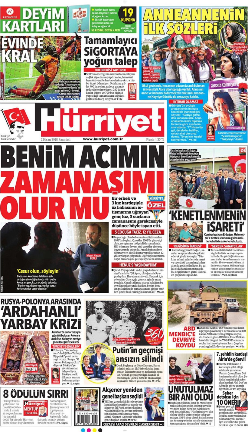 Gazete manşetleri  2 Nisan 2018 Hürriyet - Sözcü - Fanatik - Resim: 3