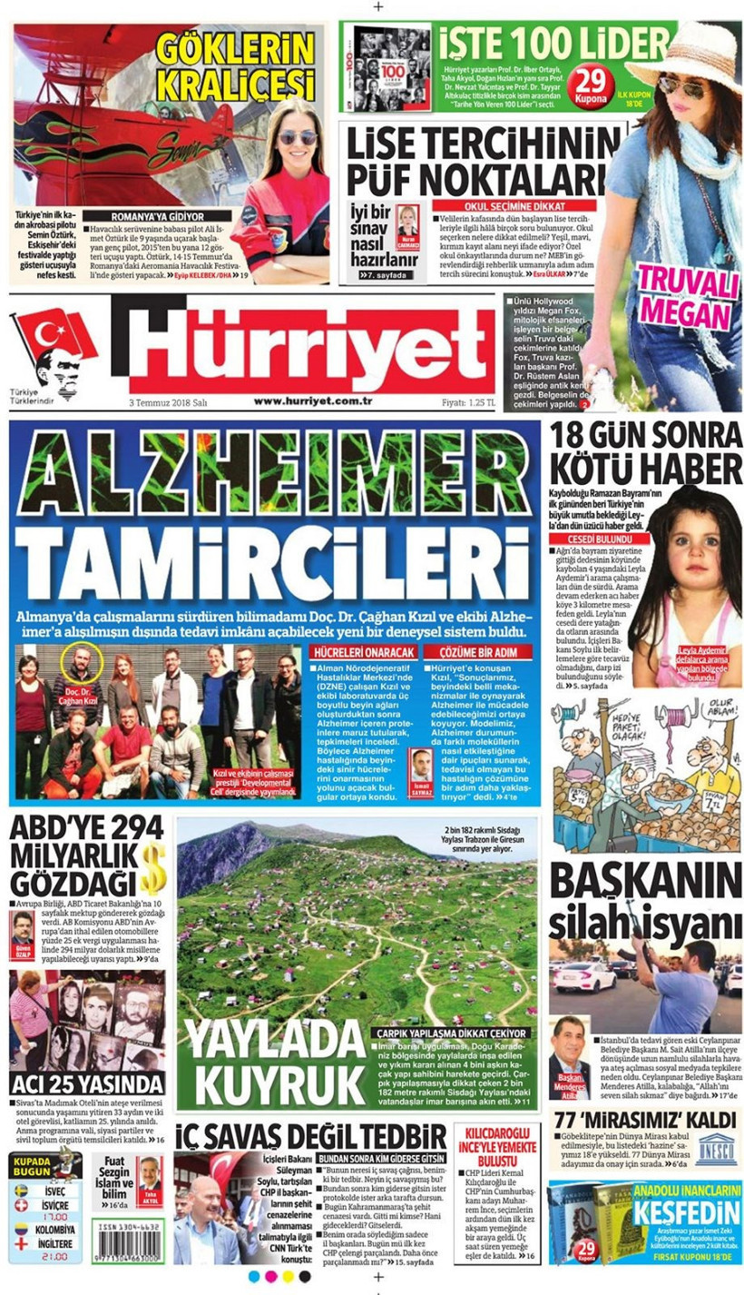 Gazete manşetleri 3 Temmuz 2018 Hürriyet - Sözcü - Habertürk - Resim: 1