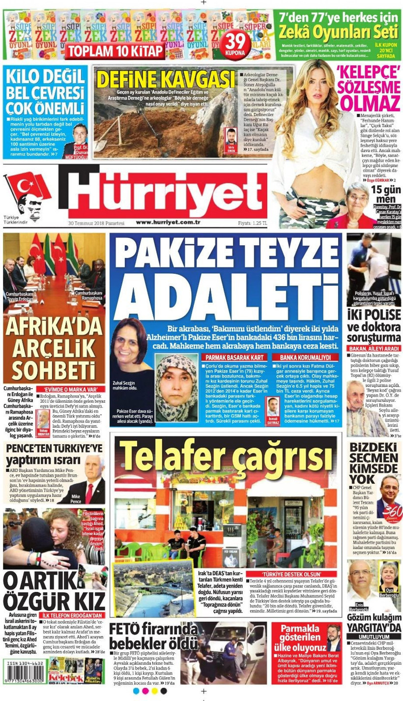 Gazete manşetleri 30 Temmuz 2018 Hürriyet - Posta - Sabah - Resim: 1