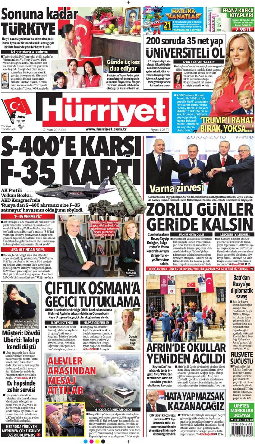 Gazete manşetleri 27 Mart 2018 Hürriyet - Sözcü - Cumhuriyet - Resim: 1