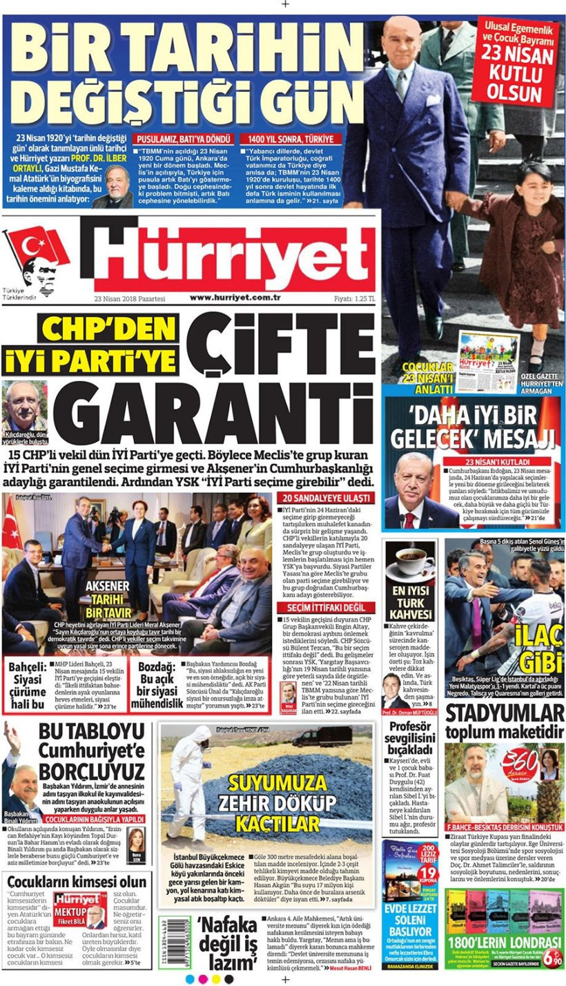 Gazete manşetleri 23 Nisan 2018 Hürriyet - Sözcü - Cumhuriyet - Resim: 1