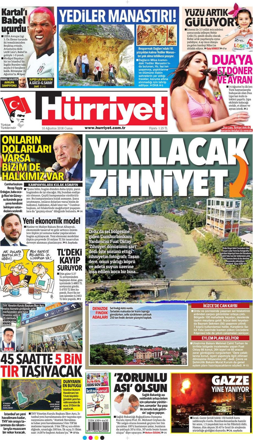 Gazete manşetleri 10 Ağustos 2018 Hürriyet - Posta - Sabah - Resim: 2