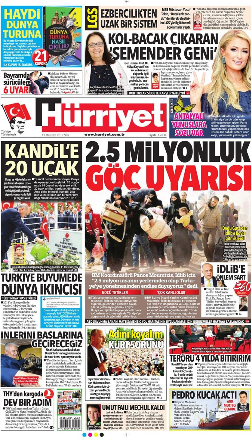 Gazete manşetleri 12 Haziran 2018 Hürriyet - Sözcü - Habertürk - Resim: 1