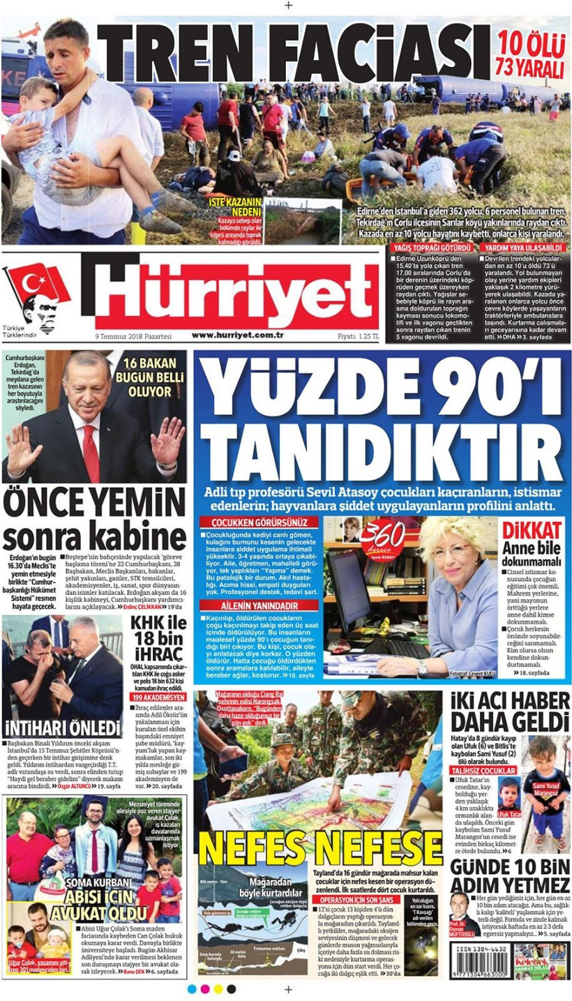 Gazete manşetleri 9 Temmuz 2018 Hürriyet - Sözcü - Posta - Resim: 1